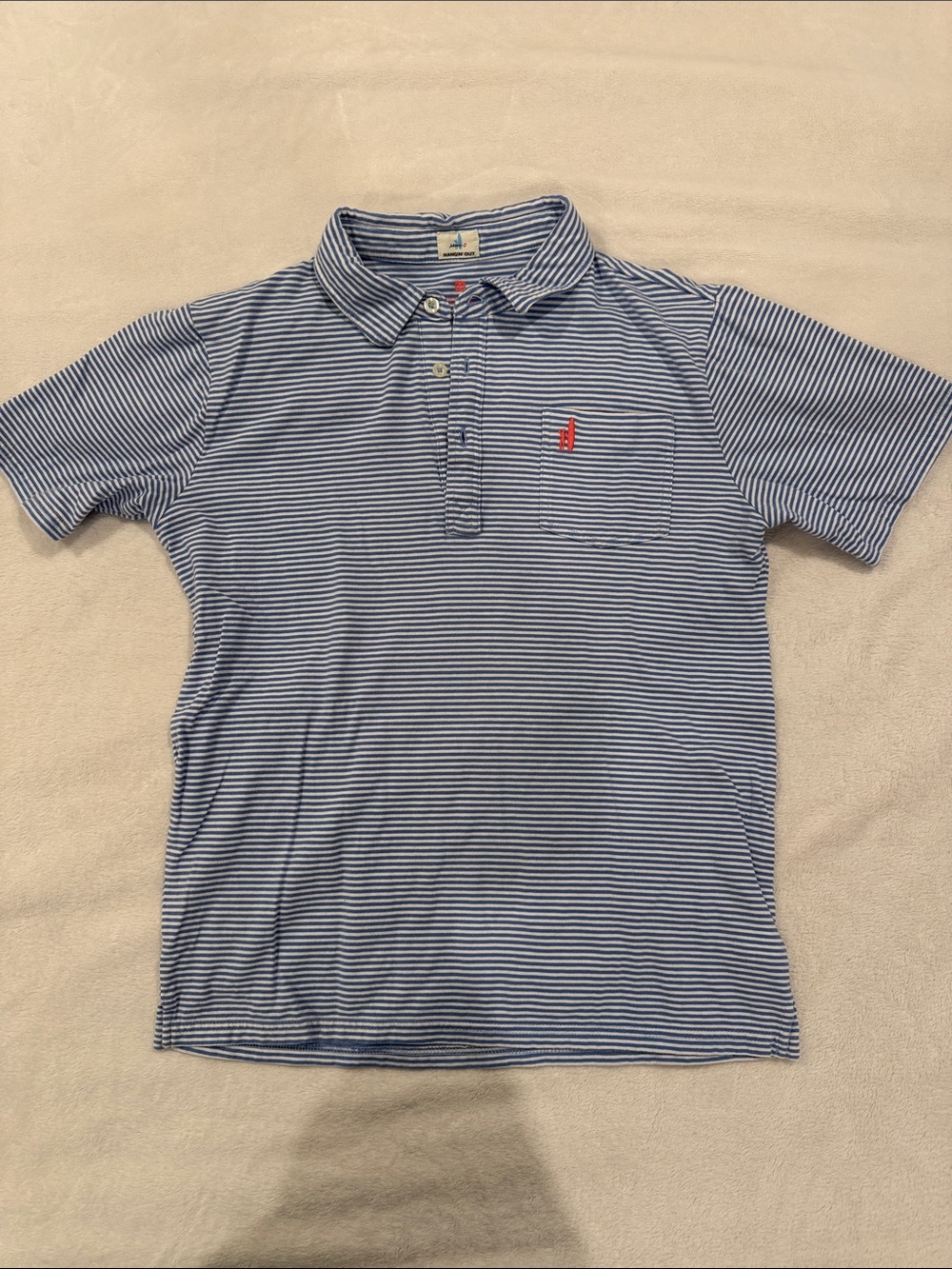 johnnie-O Blue and White Striped Polo with Red Logo